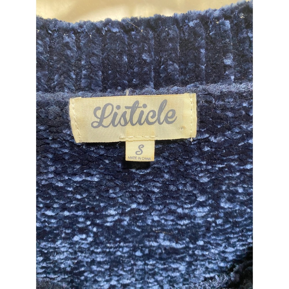 Listicle Womens Navy Blue Chenille Knit Crewneck Sweater Soft Plush Pullover S - Picture 2 of 5